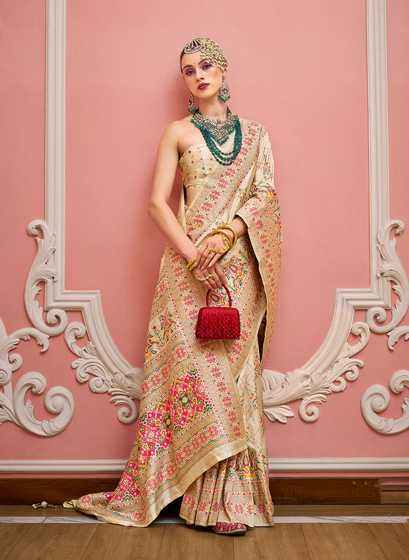 Monjolika Fashion Cream Banarasi Silk Traditional Saree with Meenakari and Weaving Work | Swadesiicart