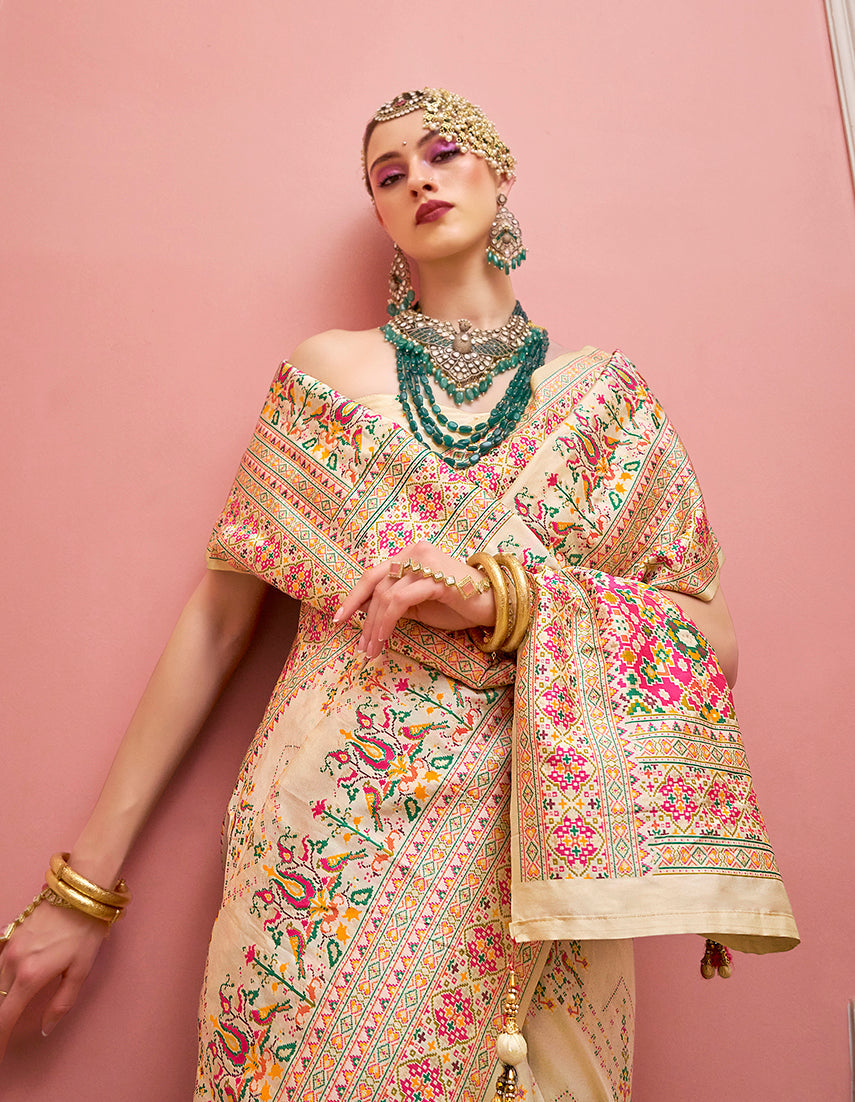 Monjolika Fashion Cream Banarasi Silk Traditional Saree with Meenakari and Weaving Work | Swadesiicart