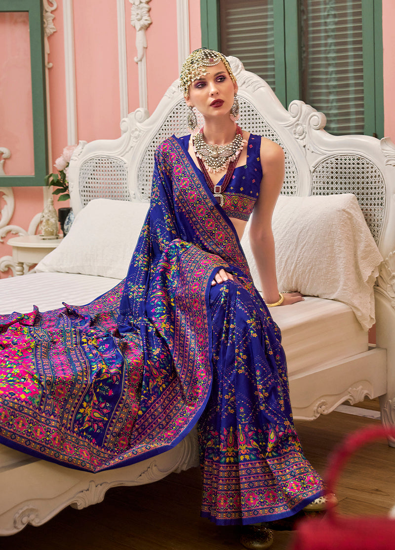 Monjolika Fashion Blue Banarasi Silk Traditional Saree with Meenakari and Weaving Work | Swadesiicart