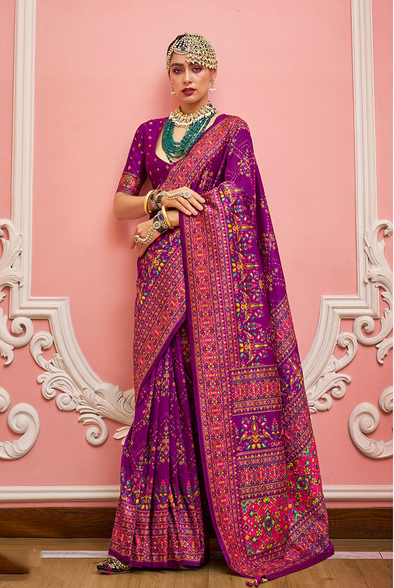 Monjolika Fashion Dark Magenta Banarasi Silk Traditional Saree with Meenakari and Weaving Work | Swadesiicart