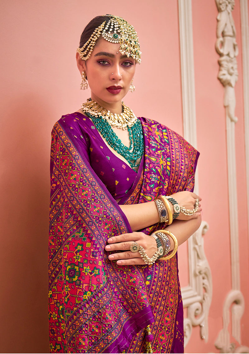 Monjolika Fashion Dark Magenta Banarasi Silk Traditional Saree with Meenakari and Weaving Work | Swadesiicart