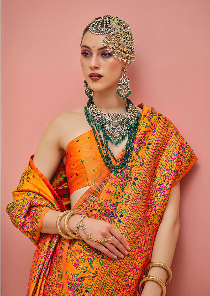 Monjolika Fashion Orange Banarasi Silk Traditional Saree with Meenakari and Weaving Work | Swadesiicart
