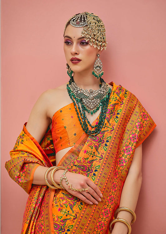 Monjolika Fashion Orange Banarasi Silk Traditional Saree with Meenakari and Weaving Work | Swadesiicart