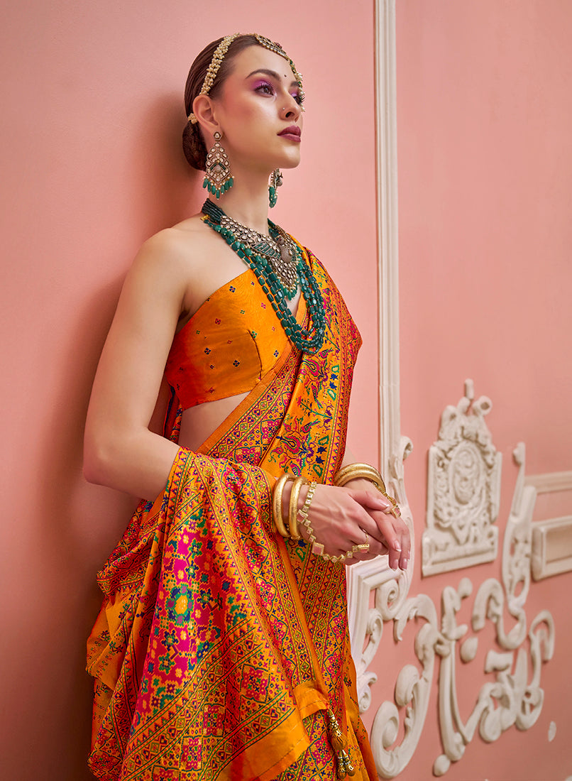 Monjolika Fashion Orange Banarasi Silk Traditional Saree with Meenakari and Weaving Work | Swadesiicart