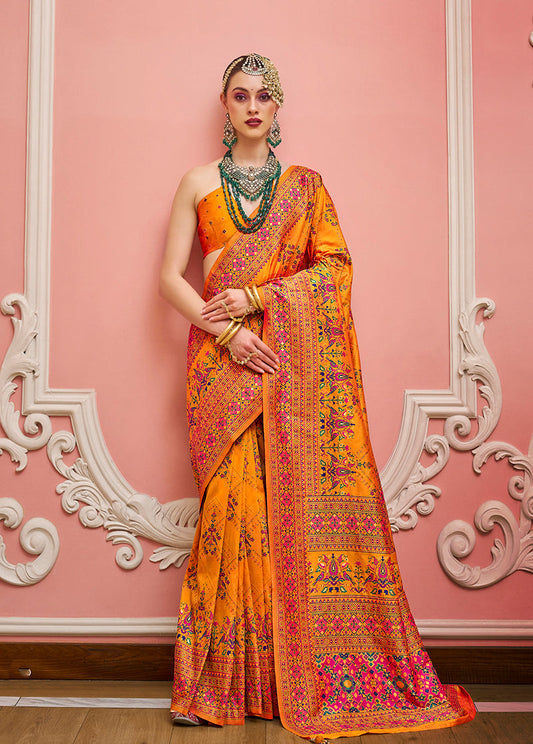 Monjolika Fashion Orange Banarasi Silk Traditional Saree with Meenakari and Weaving Work | Swadesiicart