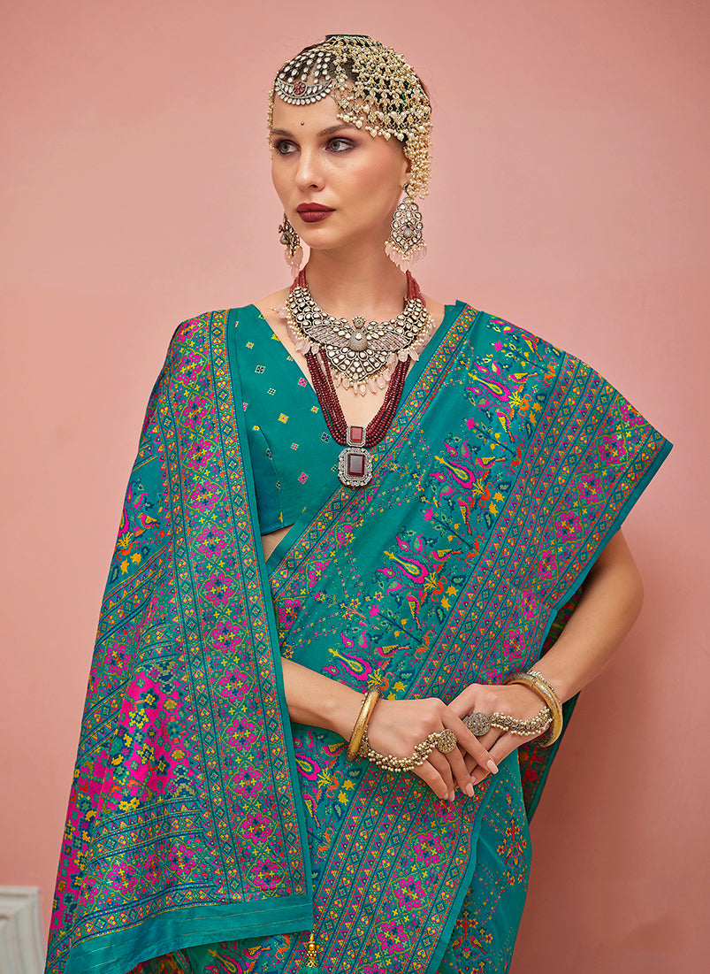 Monjolika Fashion Teal Banarasi Silk Traditional Saree with Meenakari and Weaving Work | Swadesiicart