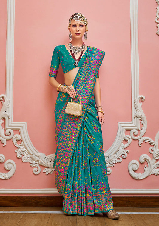 Monjolika Fashion Teal Banarasi Silk Traditional Saree with Meenakari and Weaving Work | Swadesiicart
