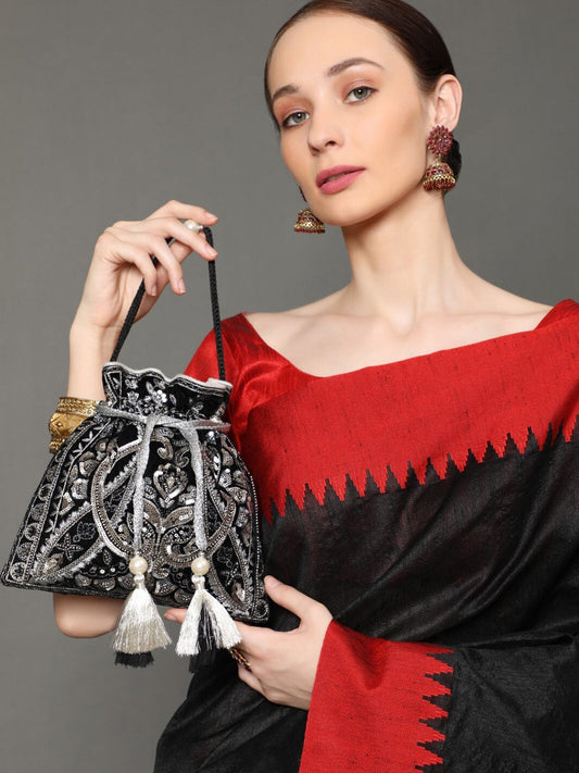 Masq Black & Silver-Toned Embellished Potli Clutch - Swadesiicart