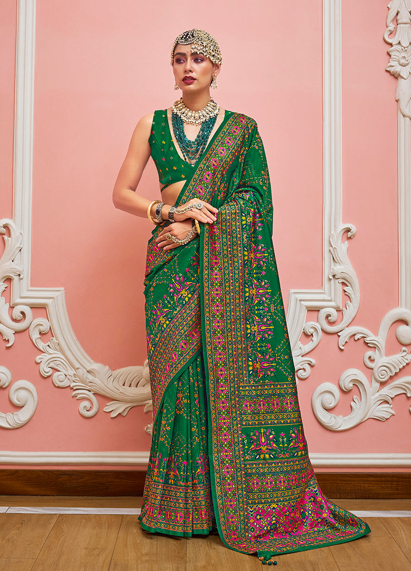 Monjolika Fashion Green Banarasi Silk Traditional Saree with Meenakari and Weaving Work | Swadesiicart