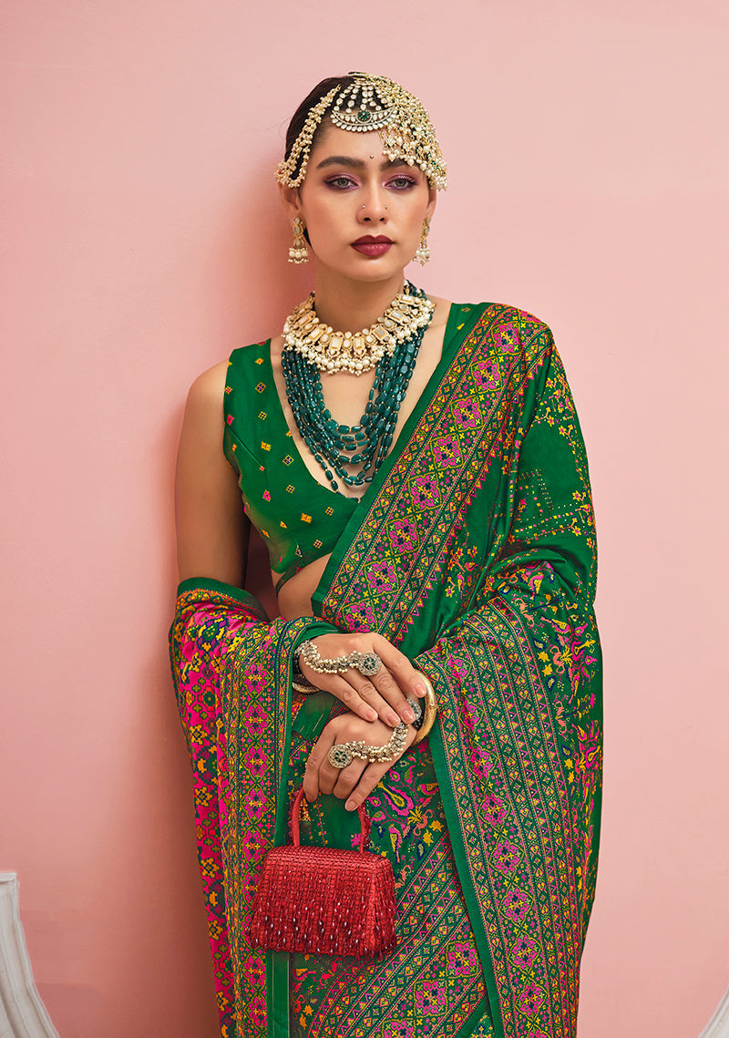 Monjolika Fashion Green Banarasi Silk Traditional Saree with Meenakari and Weaving Work | Swadesiicart