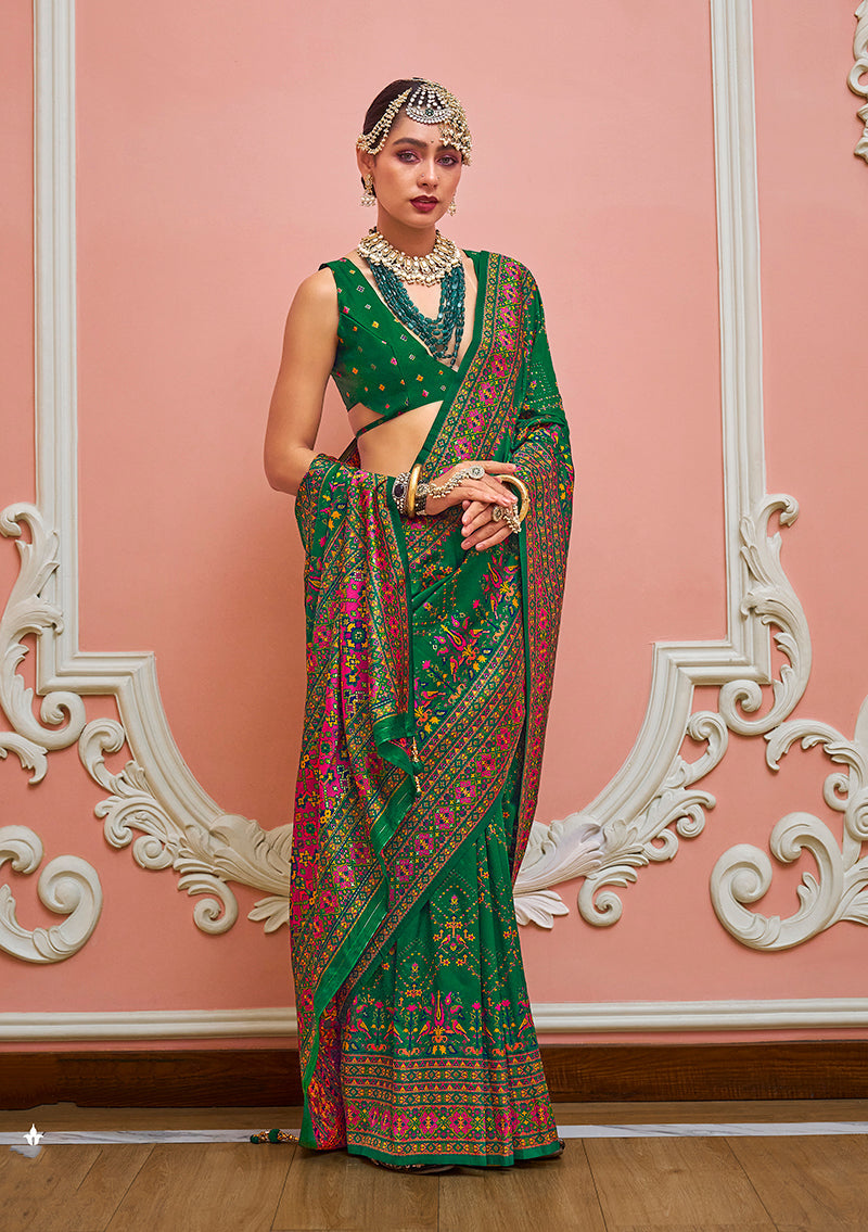Monjolika Fashion Green Banarasi Silk Traditional Saree with Meenakari and Weaving Work | Swadesiicart