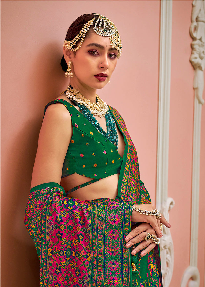 Monjolika Fashion Green Banarasi Silk Traditional Saree with Meenakari and Weaving Work | Swadesiicart