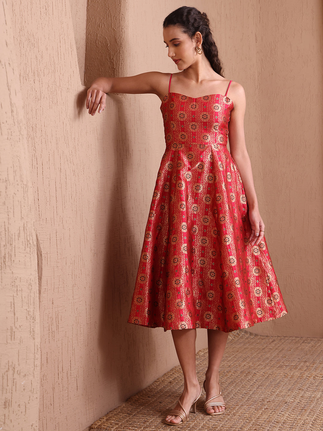 Monjolika Fashion Women's Red Banarasi Brocade Festive Fit & Flare Midi Dress with Zari Weaving Work | Swadesiicart