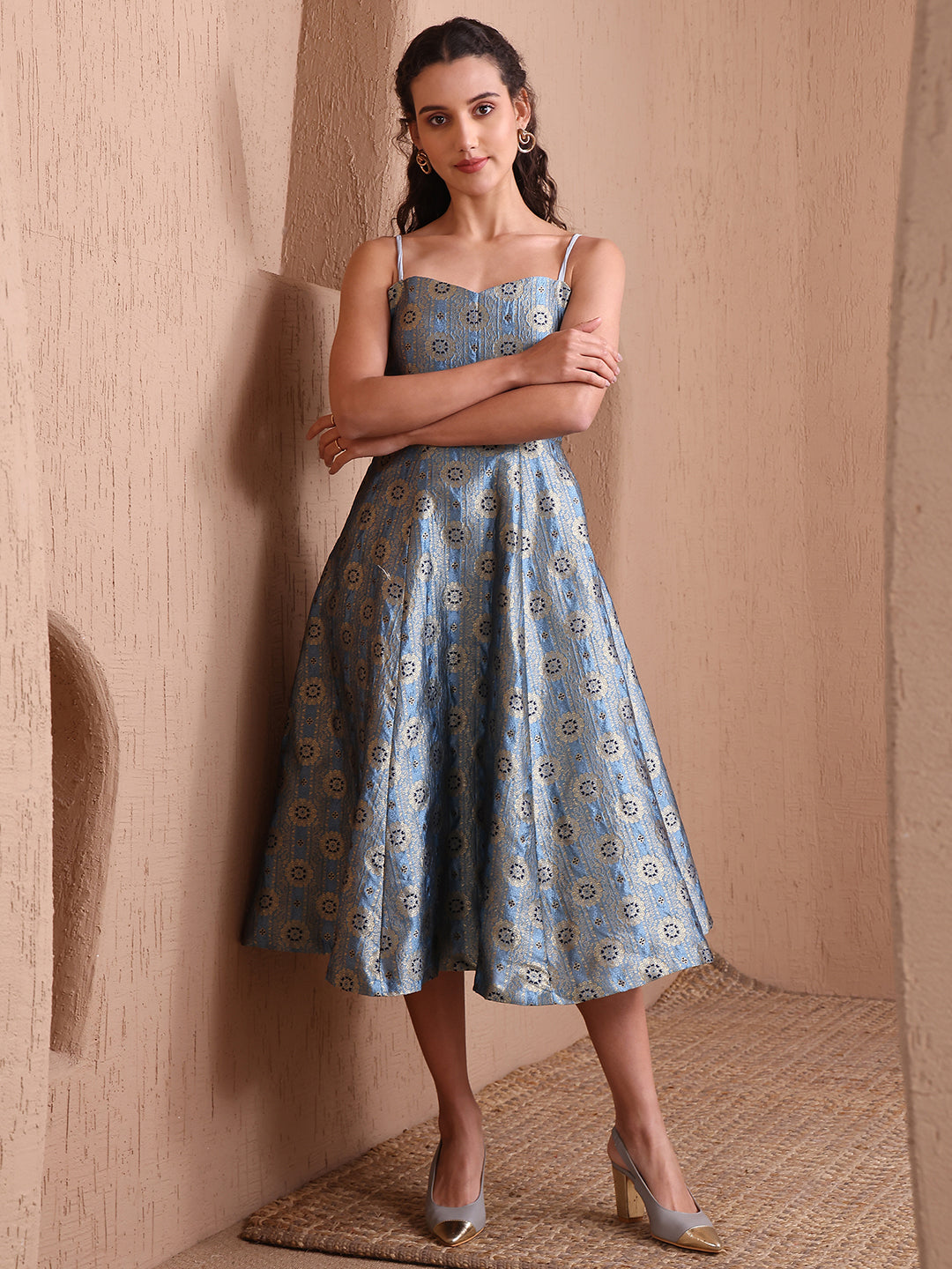 Monjolika Fashion Women's Sky Blue Banarasi Brocade Festive Fit & Flare Midi Dress with Zari Weaving Work | Swadesiicart