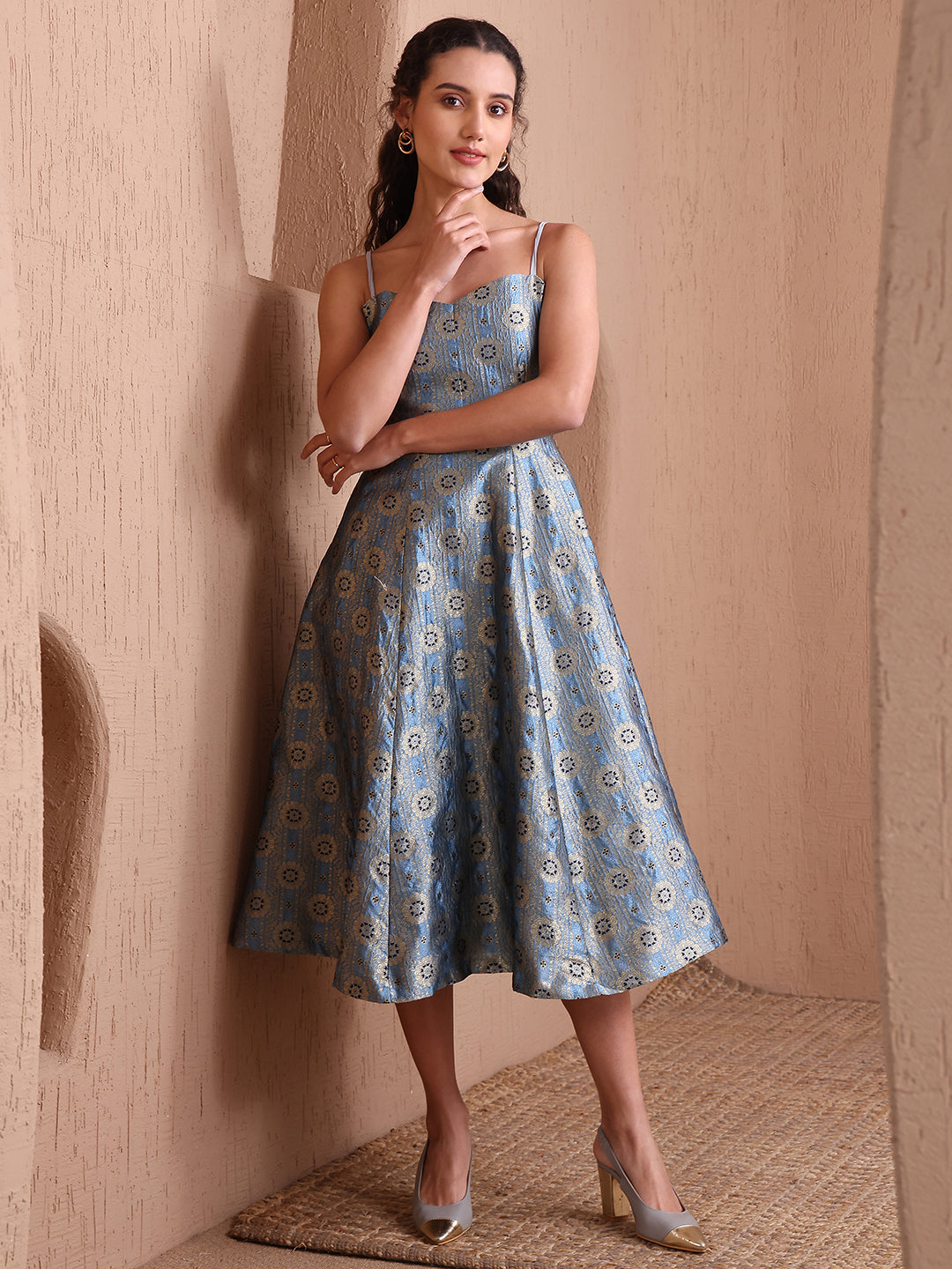Monjolika Fashion Women's Sky Blue Banarasi Brocade Festive Fit & Flare Midi Dress with Zari Weaving Work | Swadesiicart