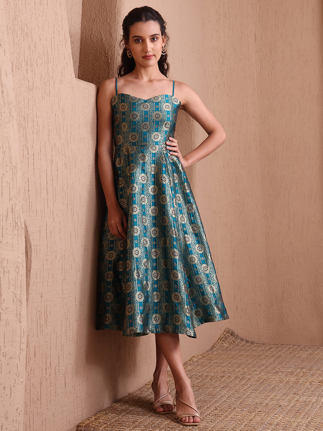 Monjolika Fashion Women's Rama Green Banarasi Brocade Festive Fit & Flare Midi Dress with Zari Weaving Work | Swadesiicart