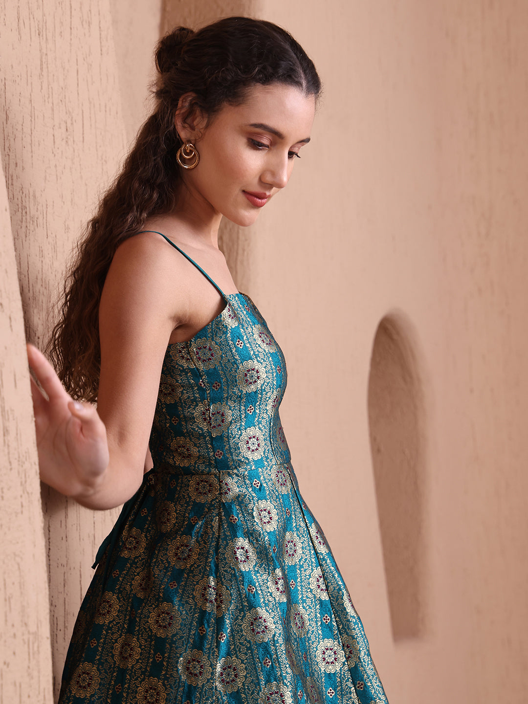 Monjolika Fashion Women's Rama Green Banarasi Brocade Festive Fit & Flare Midi Dress with Zari Weaving Work | Swadesiicart