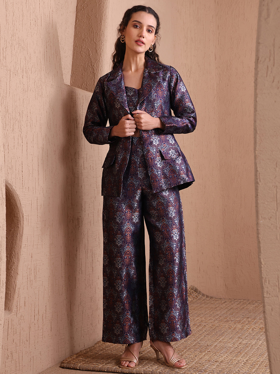 Monjolika Fashion Women's Navy Blue Banarasi Brocade Co-ord Set With Designer Blazer & Wide-Leg Pants - Swadesiicart