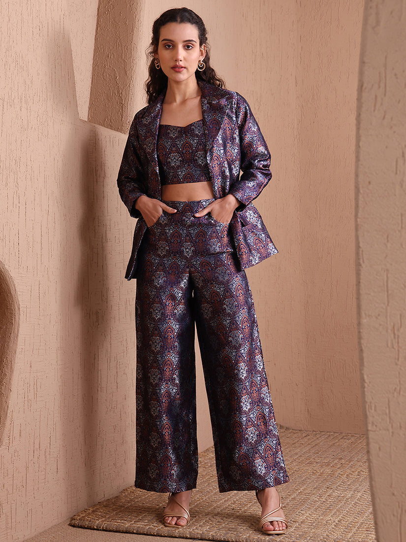 Monjolika Fashion Women's Navy Blue Banarasi Brocade Co-ord Set With Designer Blazer & Wide-Leg Pants - Swadesiicart