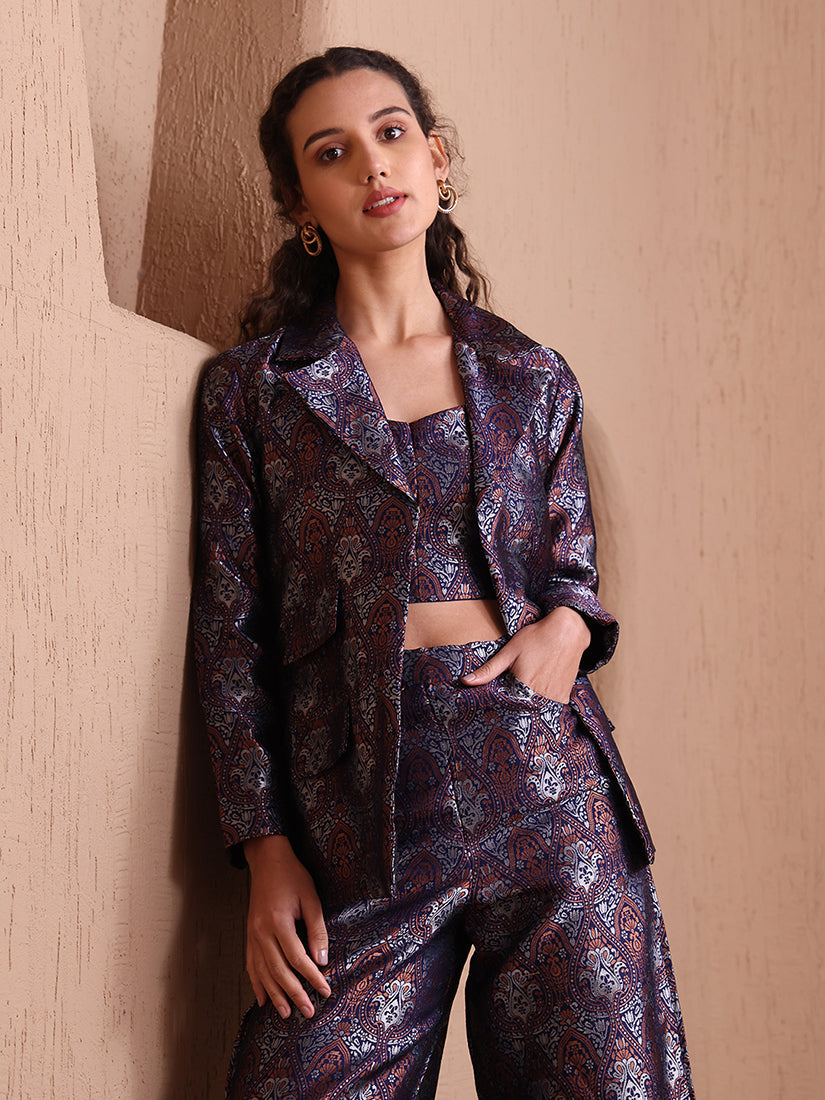 Monjolika Fashion Women's Navy Blue Banarasi Brocade Co-ord Set With Designer Blazer & Wide-Leg Pants - Swadesiicart