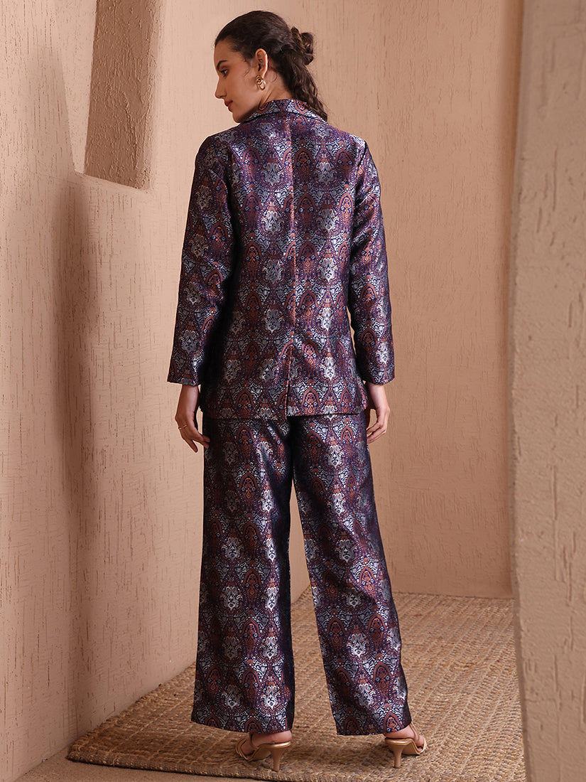 Monjolika Fashion Women's Navy Blue Banarasi Brocade Co-ord Set With Designer Blazer & Wide-Leg Pants - Swadesiicart