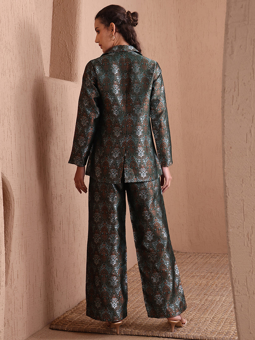Monjolika Fashion Women's Green Banarasi Brocade Co-ord Set With Designer Blazer & Wide-Leg Pants - Swadesiicart