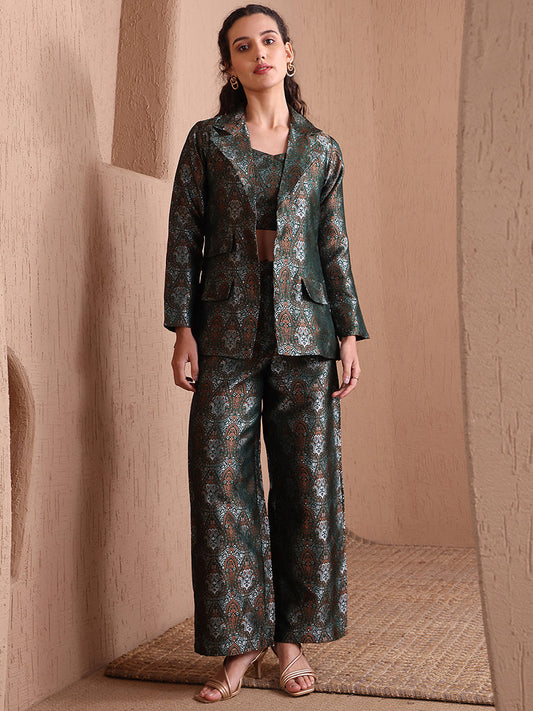 Monjolika Fashion Women's Green Banarasi Brocade Co-ord Set With Designer Blazer & Wide-Leg Pants - Swadesiicart