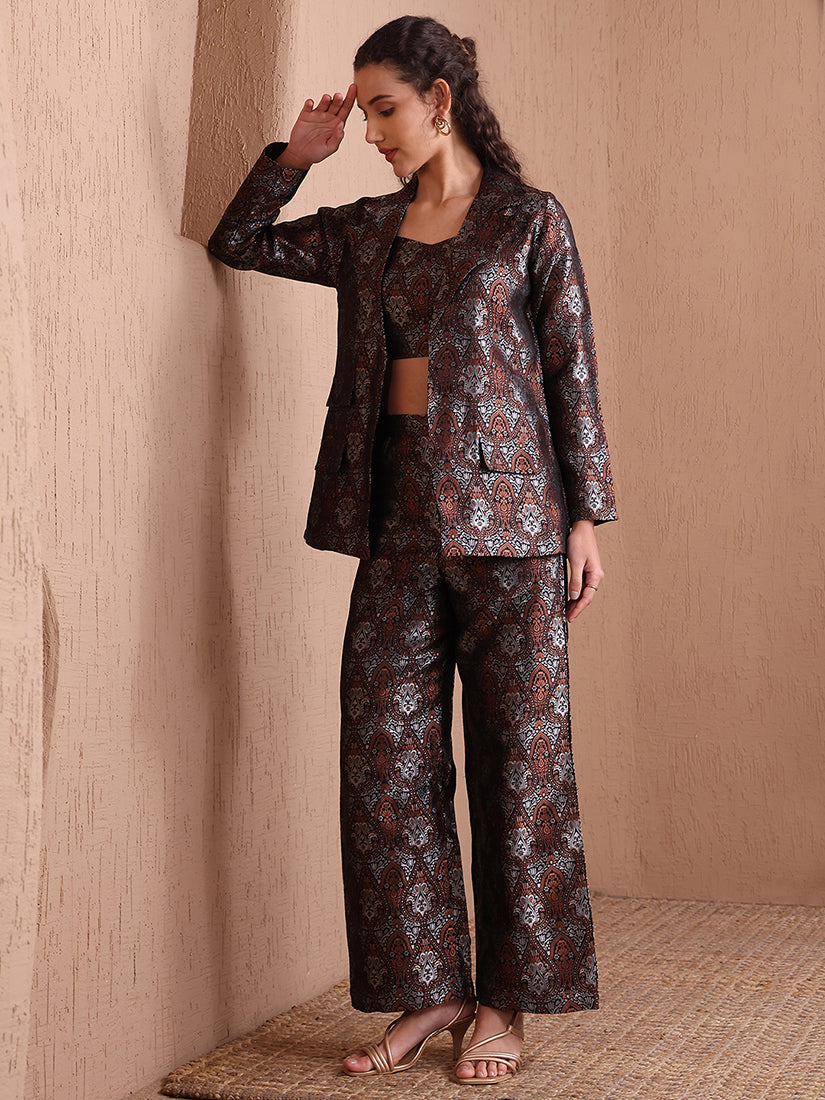 Monjolika Fashion Women's Black Banarasi Brocade Co-ord Set With Designer Blazer & Wide-Leg Pants - Swadesiicart
