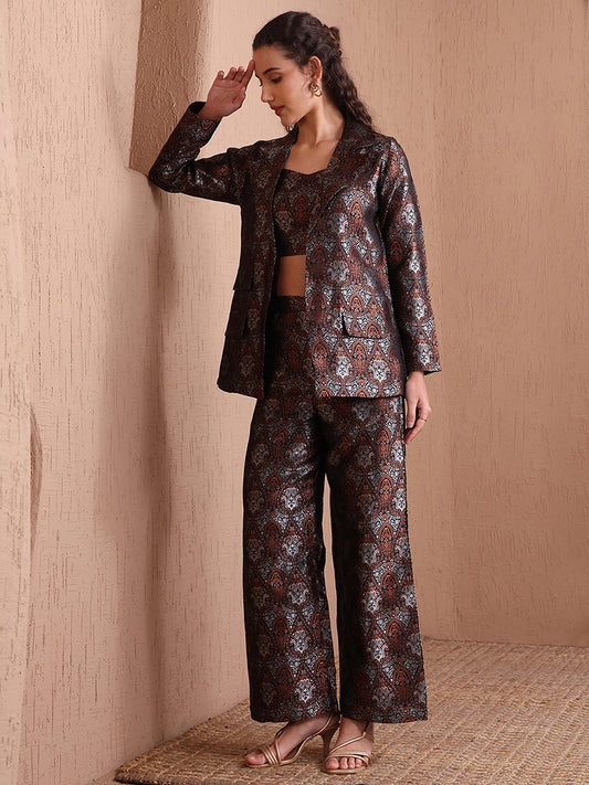 Monjolika Fashion Women's Black Banarasi Brocade Co-ord Set With Designer Blazer & Wide-Leg Pants - Swadesiicart