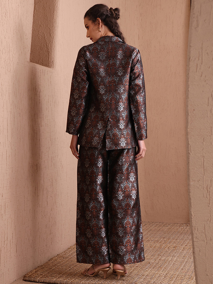 Monjolika Fashion Women's Black Banarasi Brocade Co-ord Set With Designer Blazer & Wide-Leg Pants - Swadesiicart