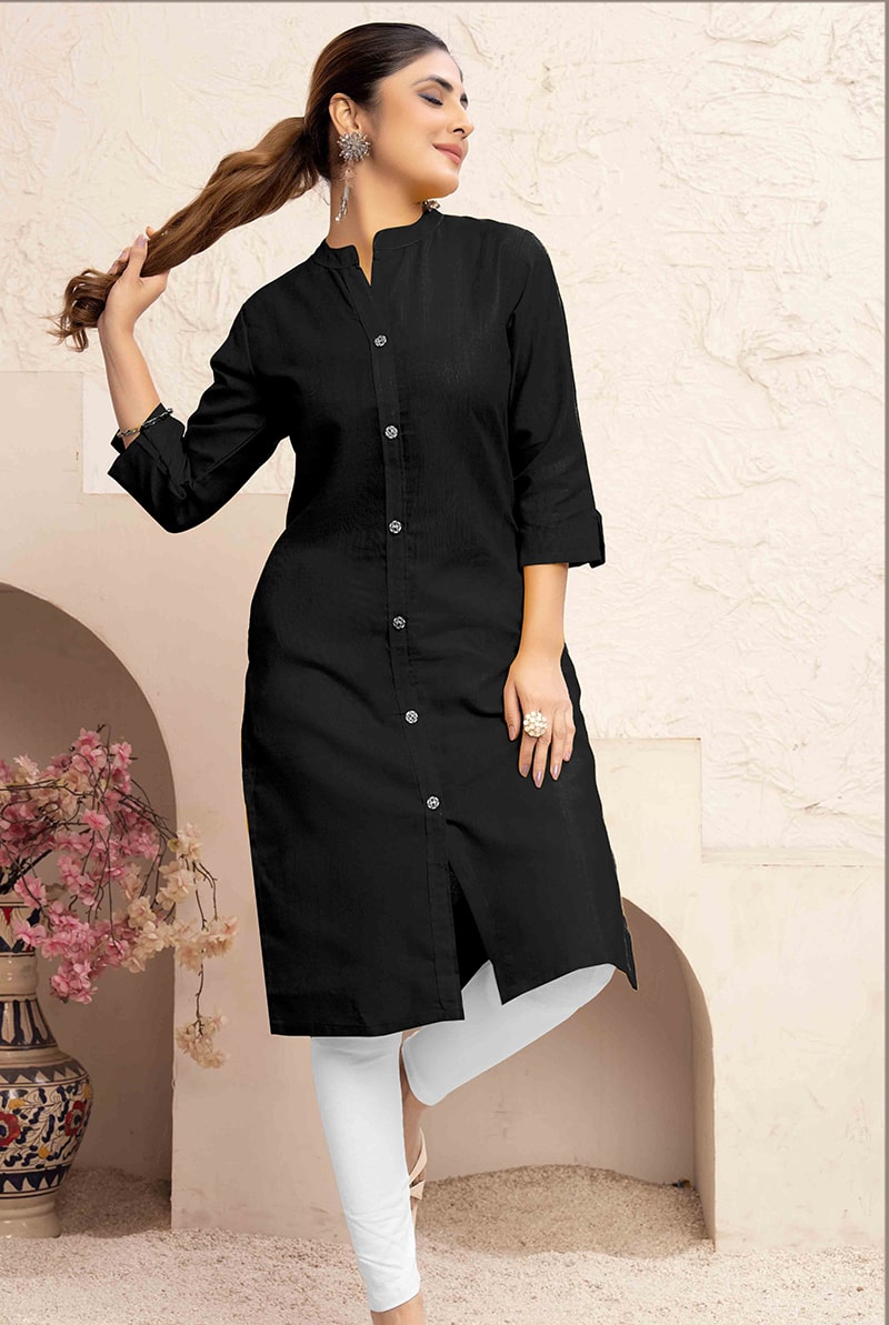 Monjolika Fashion Black Color Cotton Casual Kurti With Pocket - Swadesiicart