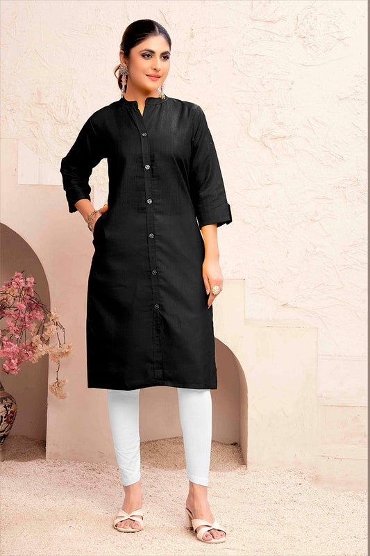 Monjolika Fashion Black Color Cotton Casual Kurti With Pocket - Swadesiicart