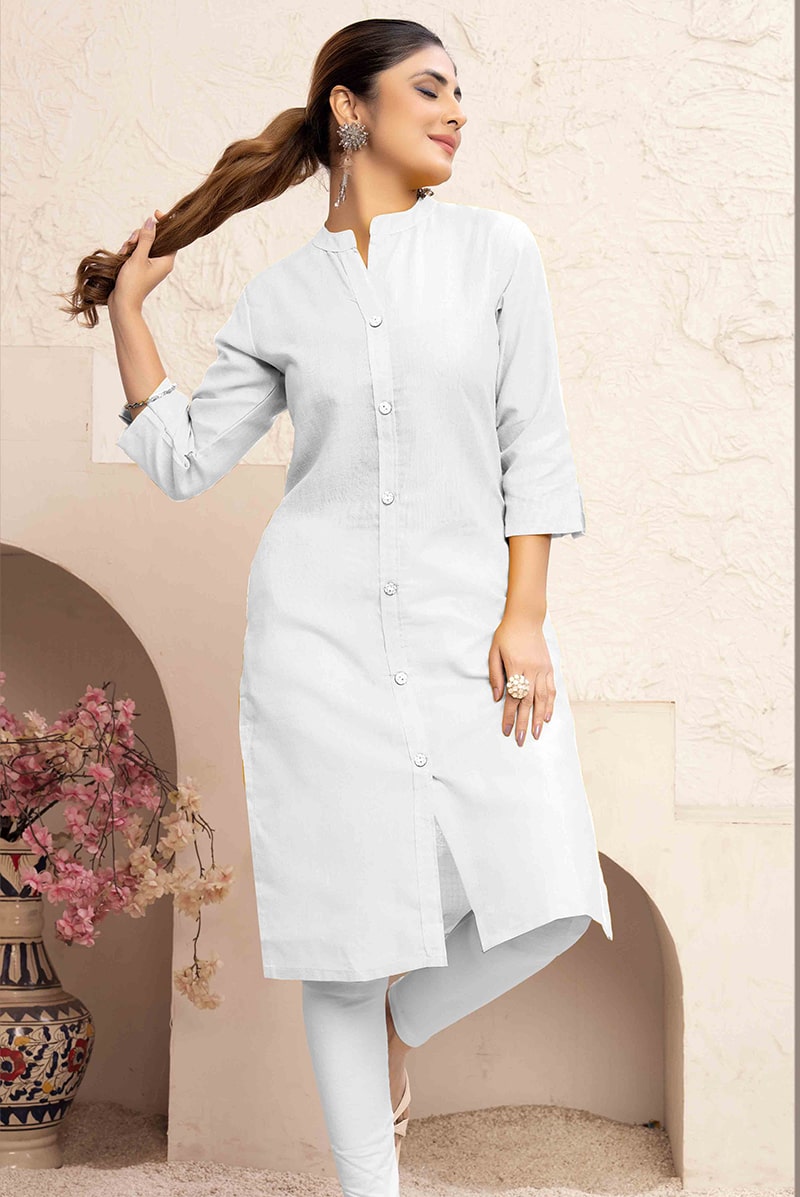 Monjolika Fashion White Color Cotton Casual Kurti With Pocket - Swadesiicart