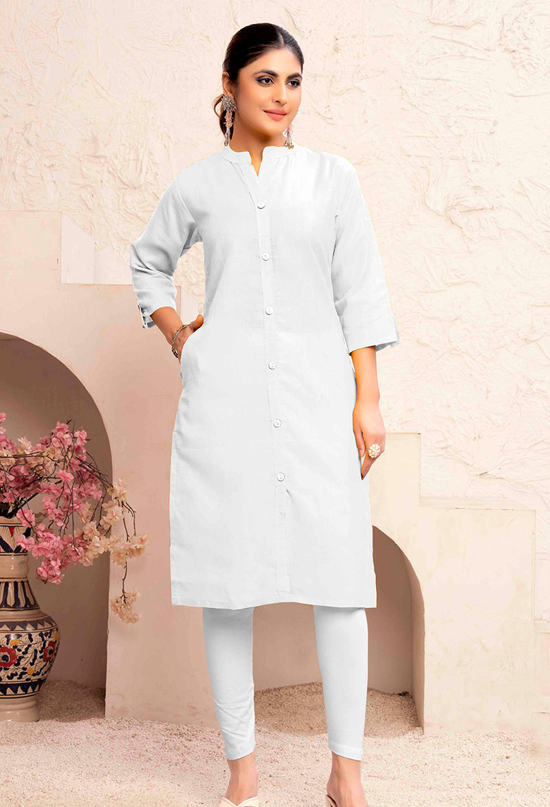 Monjolika Fashion White Color Cotton Casual Kurti With Pocket - Swadesiicart