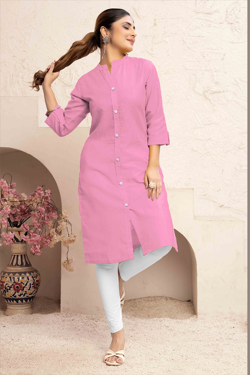 Monjolika Fashion Light Pink Color Cotton Casual Kurti With Pocket - Swadesiicart