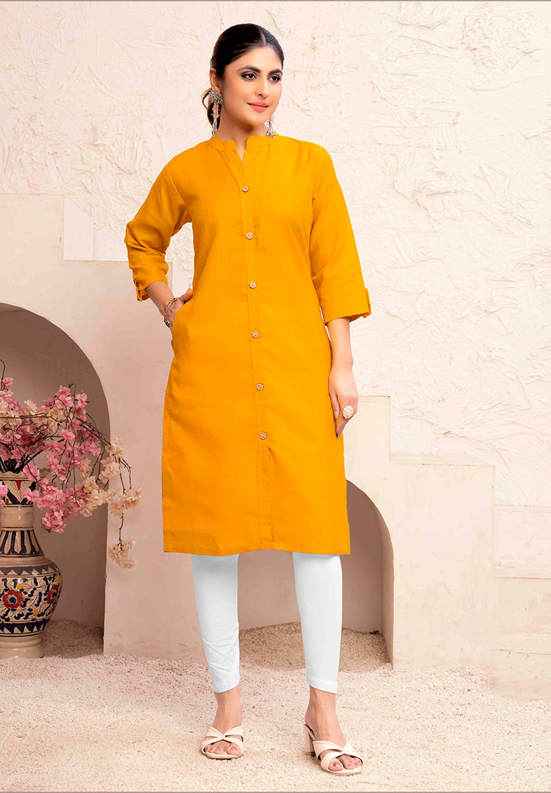 Monjolika Fashion Mustard Yellow Color Cotton Casual Kurti With Pocket - Swadesiicart