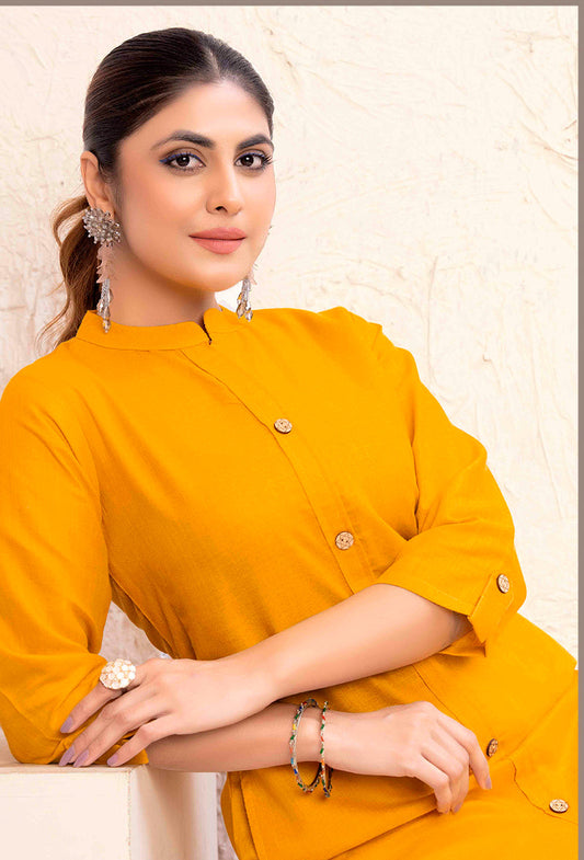 Monjolika Fashion Mustard Yellow Color Cotton Casual Kurti With Pocket - Swadesiicart