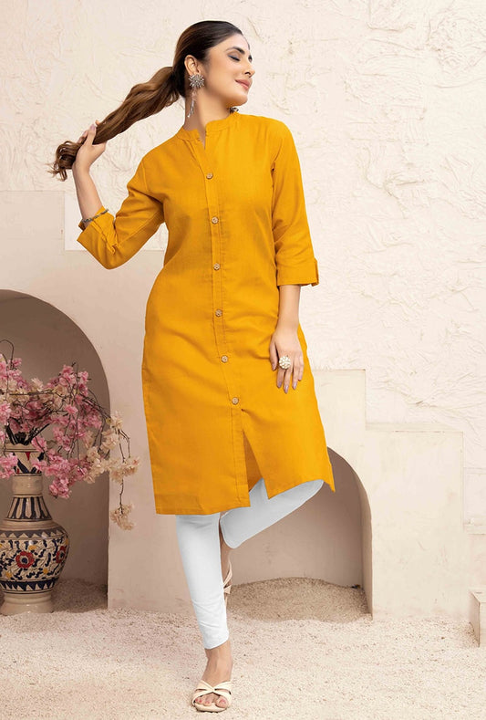 Monjolika Fashion Mustard Yellow Color Cotton Casual Kurti With Pocket - Swadesiicart