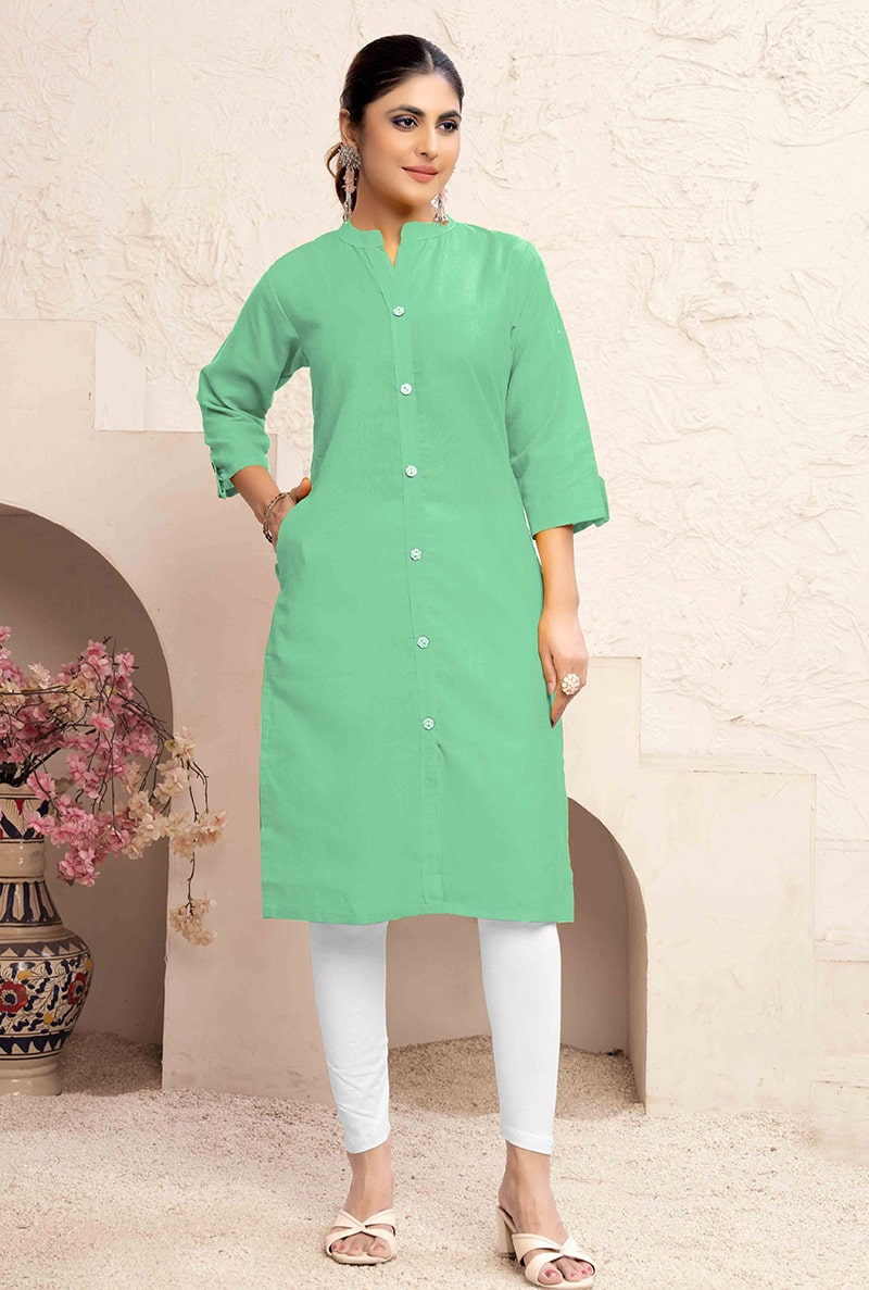 Monjolika Fashion Sea Green Color Cotton Casual Kurti With Pocket - Swadesiicart