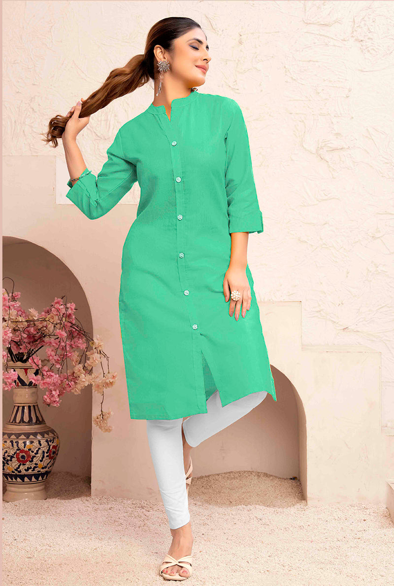 Monjolika Fashion Sea Green Color Cotton Casual Kurti With Pocket - Swadesiicart
