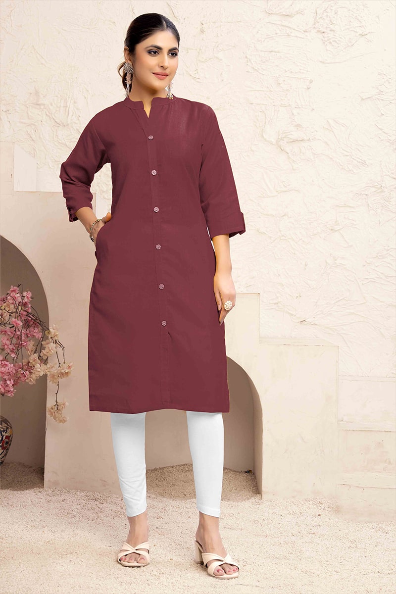 Monjolika Fashion Brown Color Cotton Casual Kurti With Pocket - Swadesiicart