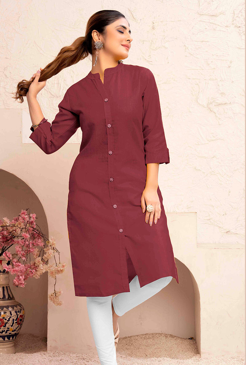 Monjolika Fashion Brown Color Cotton Casual Kurti With Pocket - Swadesiicart