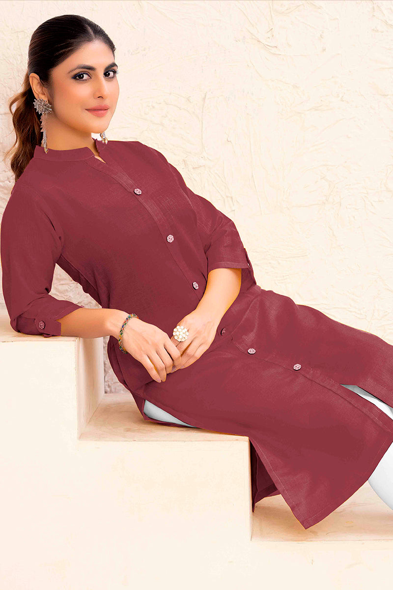 Monjolika Fashion Brown Color Cotton Casual Kurti With Pocket - Swadesiicart