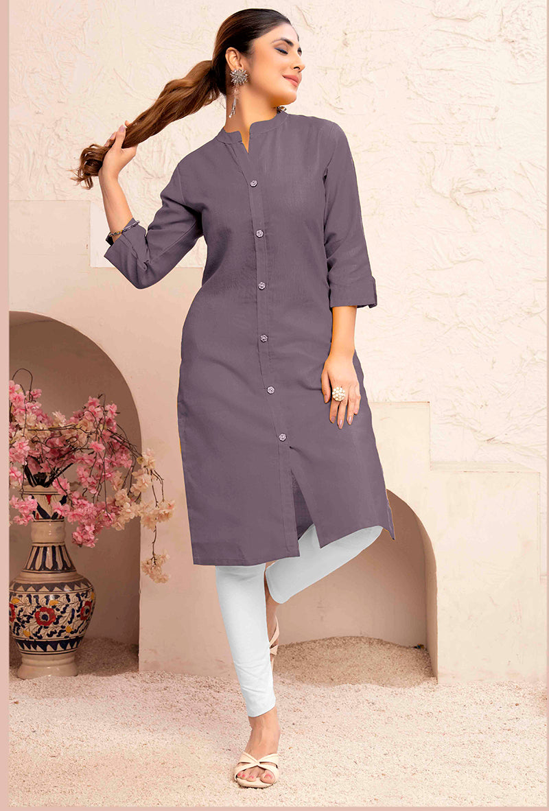 Monjolika Fashion Grey Color Cotton Casual Kurti With Pocket - Swadesiicart