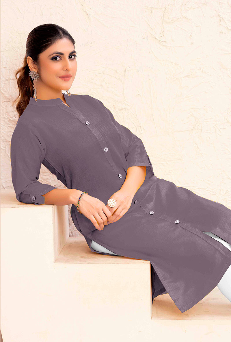 Monjolika Fashion Grey Color Cotton Casual Kurti With Pocket - Swadesiicart