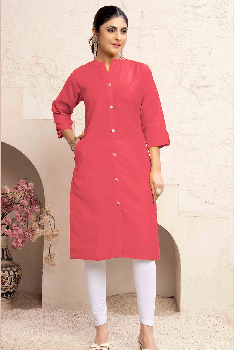 Monjolika Fashion Dark Peach Color Cotton Casual Kurti With Pocket - Swadesiicart