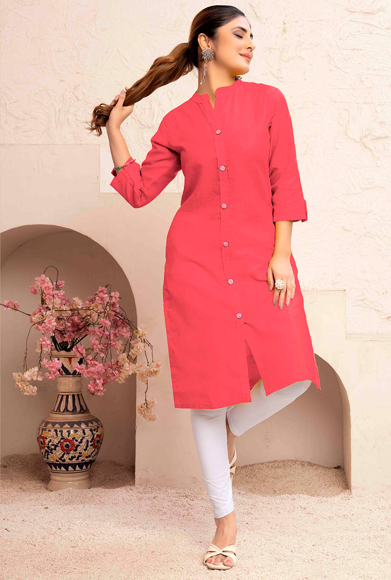 Monjolika Fashion Dark Peach Color Cotton Casual Kurti With Pocket - Swadesiicart