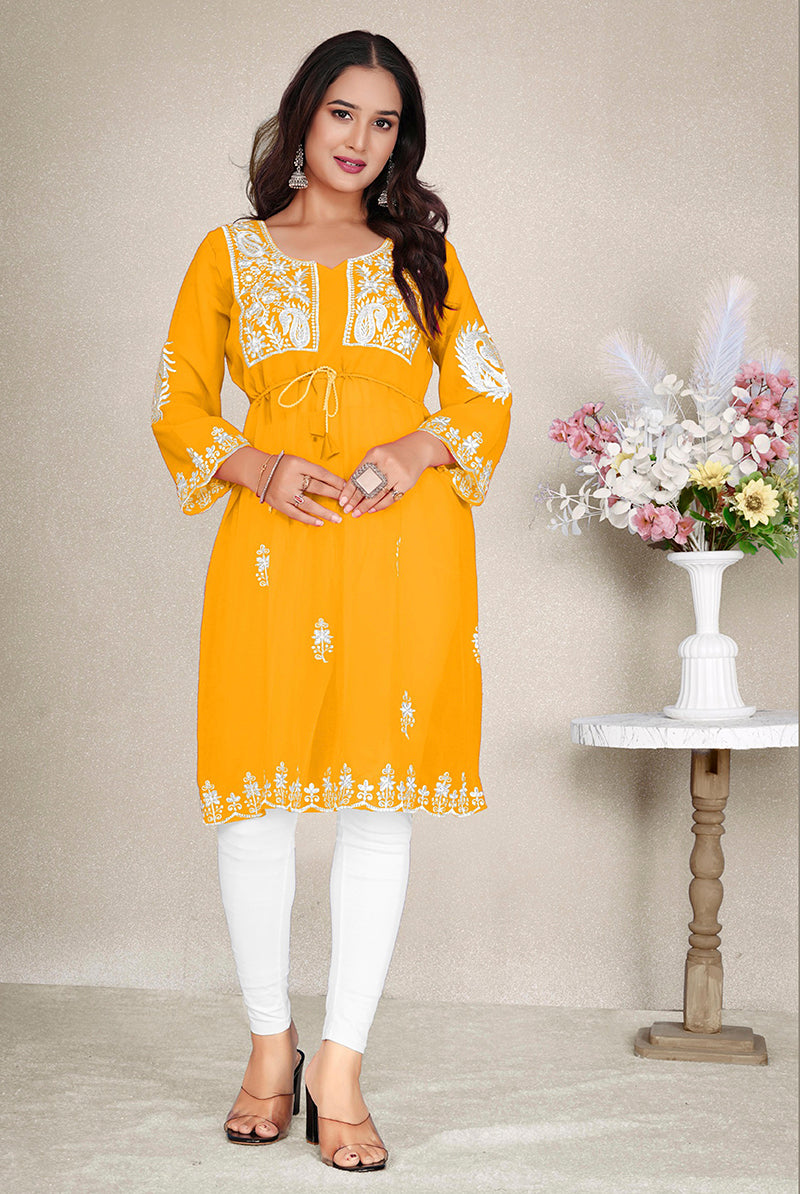 Monjolika Fashion Mustard Yellow Colour Embroidered Georgette Casual Kurti - Swadesiicart