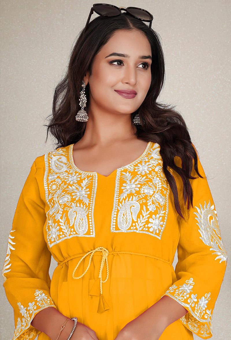 Monjolika Fashion Mustard Yellow Colour Embroidered Georgette Casual Kurti - Swadesiicart