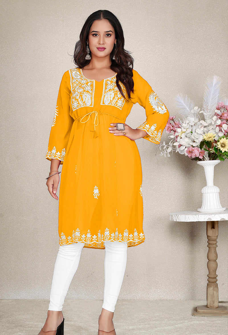 Monjolika Fashion Mustard Yellow Colour Embroidered Georgette Casual Kurti - Swadesiicart